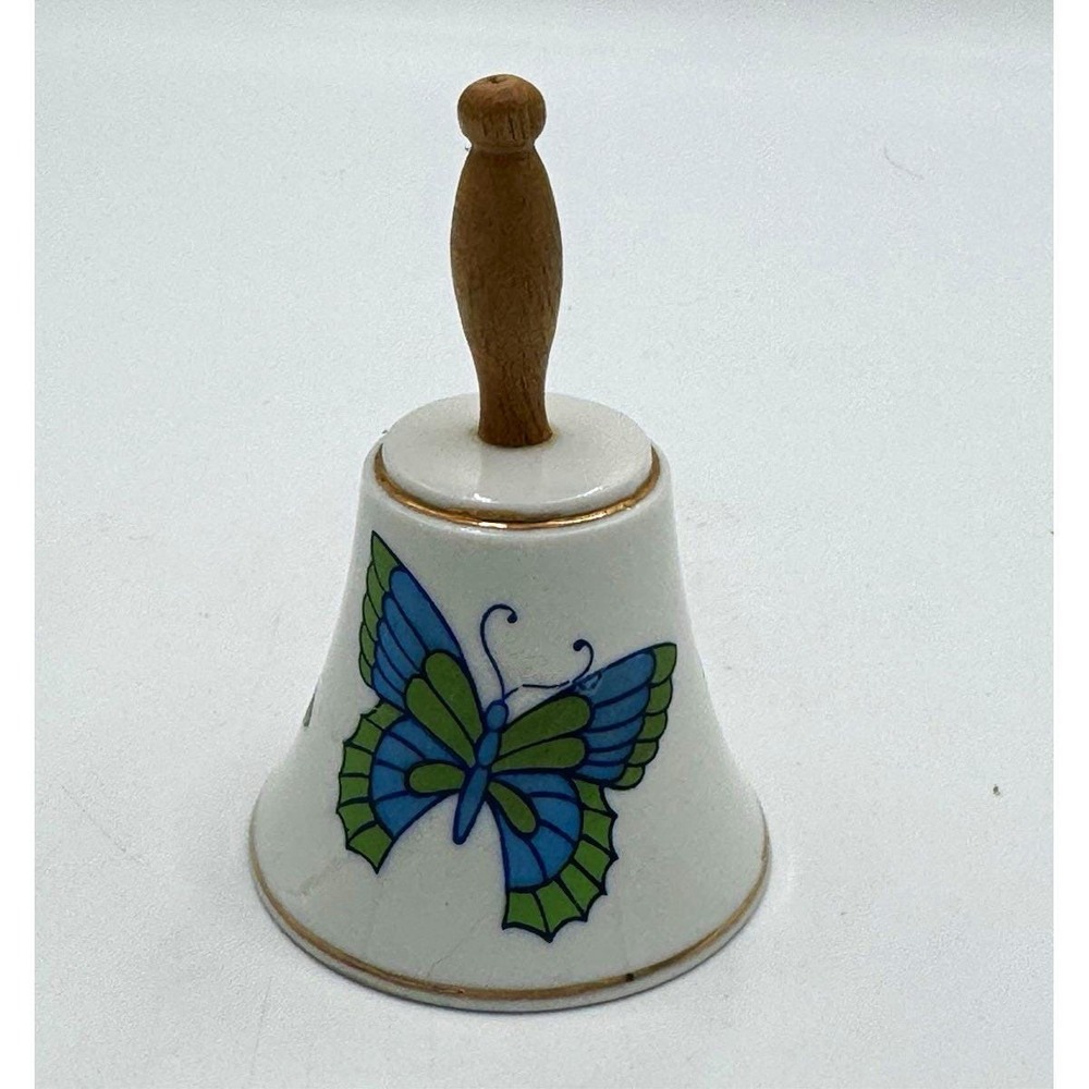 White Ceramic & Wood Hand Painted Butterfly Bell, Glossy Finish, 4 in Tall
